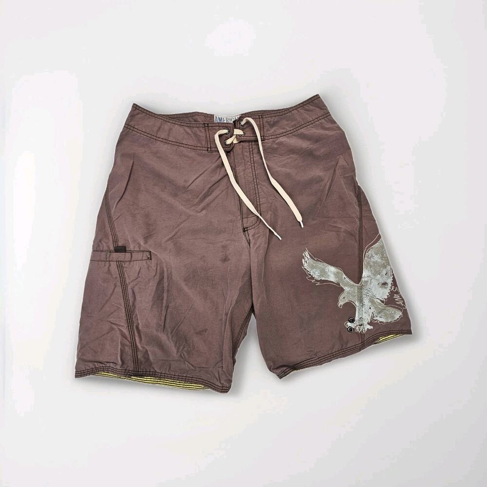 Y2K American Eagle Mens 9" Board Shorts Sz 34 Gray Eagle Logo Pockets Gorpcore